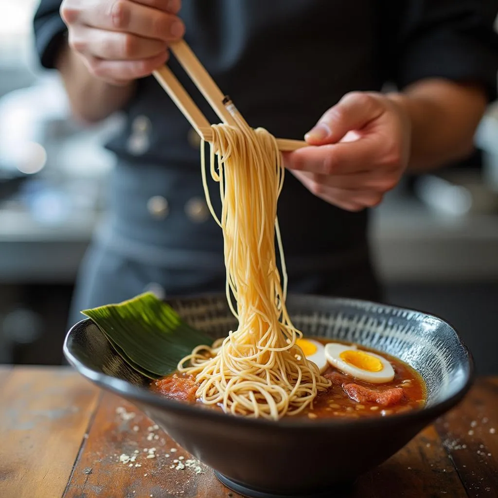 Chef preparando ramen artesanal